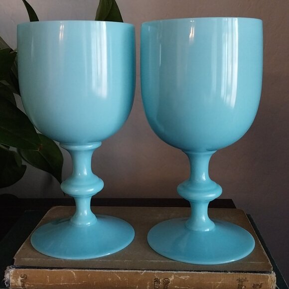 Pair Portieux Vallerysthal Turquoise Blue Opaline Water Goblets - Picture 2 of 11